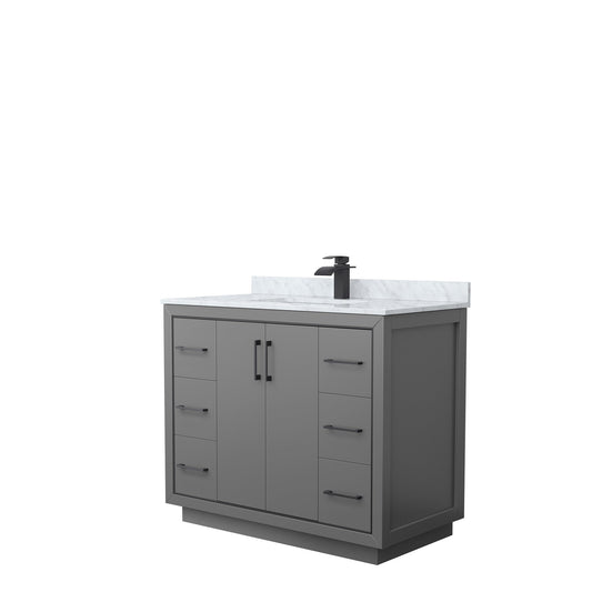 Wyndham Collection Icon 42" Single Bathroom Vanity in Dark Gray, White Carrara Marble Countertop, Undermount Square Sink, Matte Black Trim