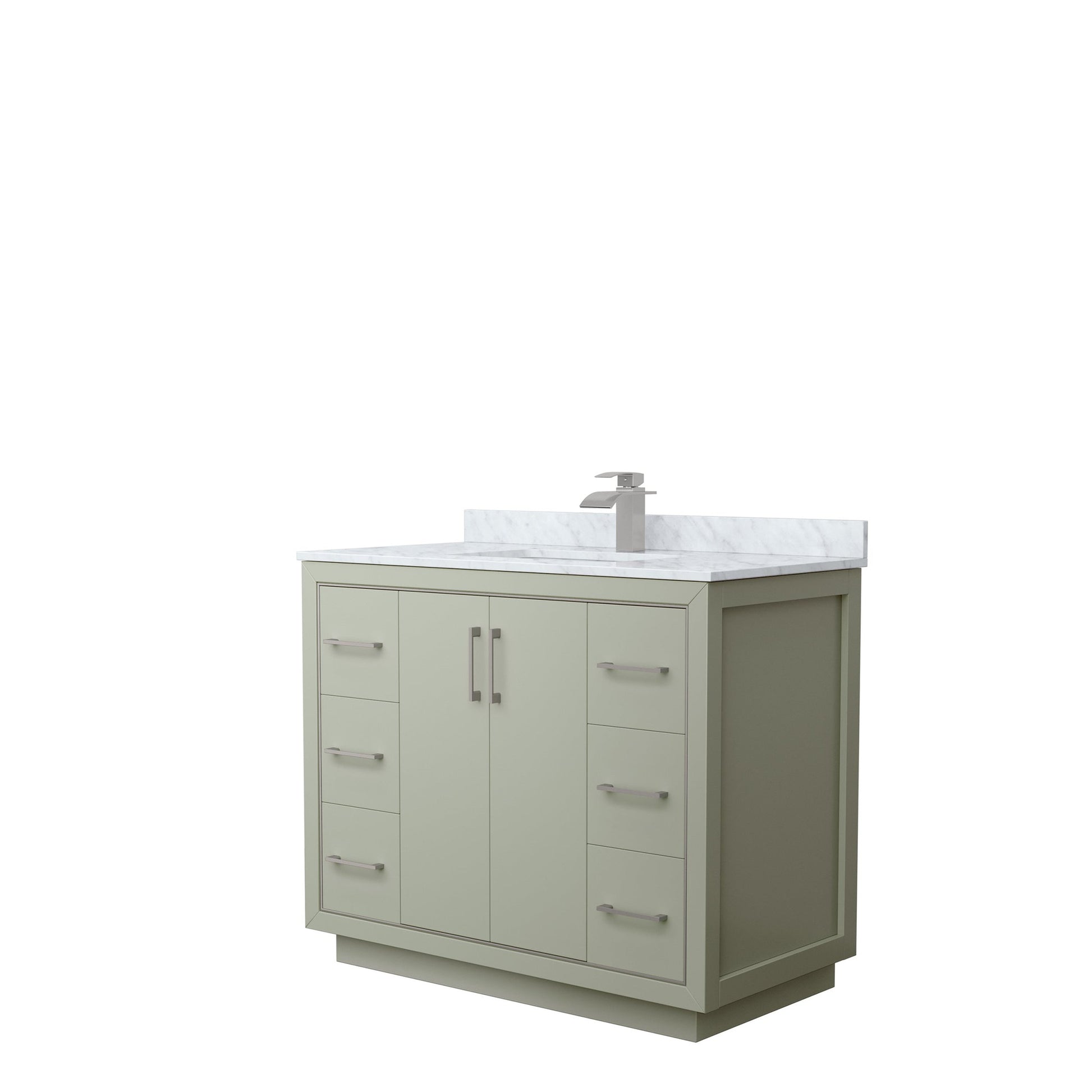 Wyndham Collection Icon 42" Single Bathroom Vanity in Light Green, White Carrara Marble Countertop, Undermount Square Sink, Brushed Nickel Trim