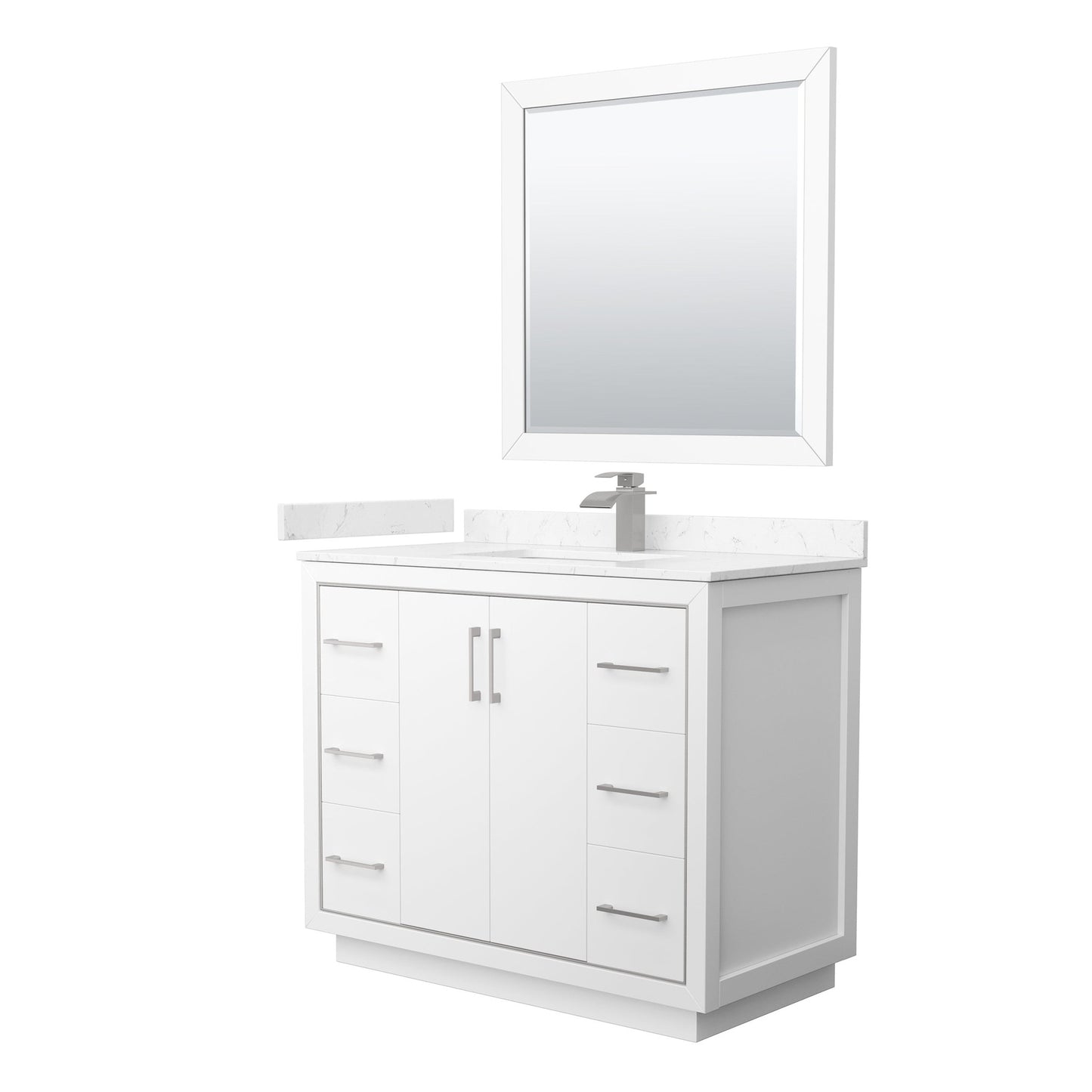 Wyndham Collection Icon 42" Single Bathroom Vanity in White, Carrara Cultured Marble Countertop, Undermount Square Sink, Brushed Nickel Trim, 34" Mirror