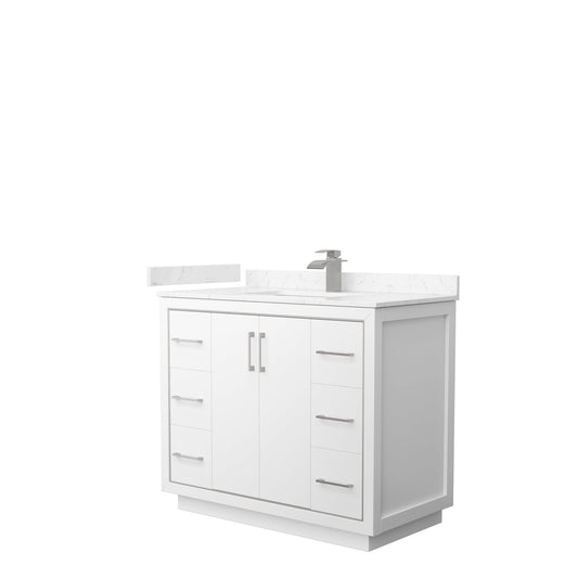 Wyndham Collection Icon 42" Single Bathroom Vanity in White, Carrara Cultured Marble Countertop, Undermount Square Sink, Brushed Nickel Trim