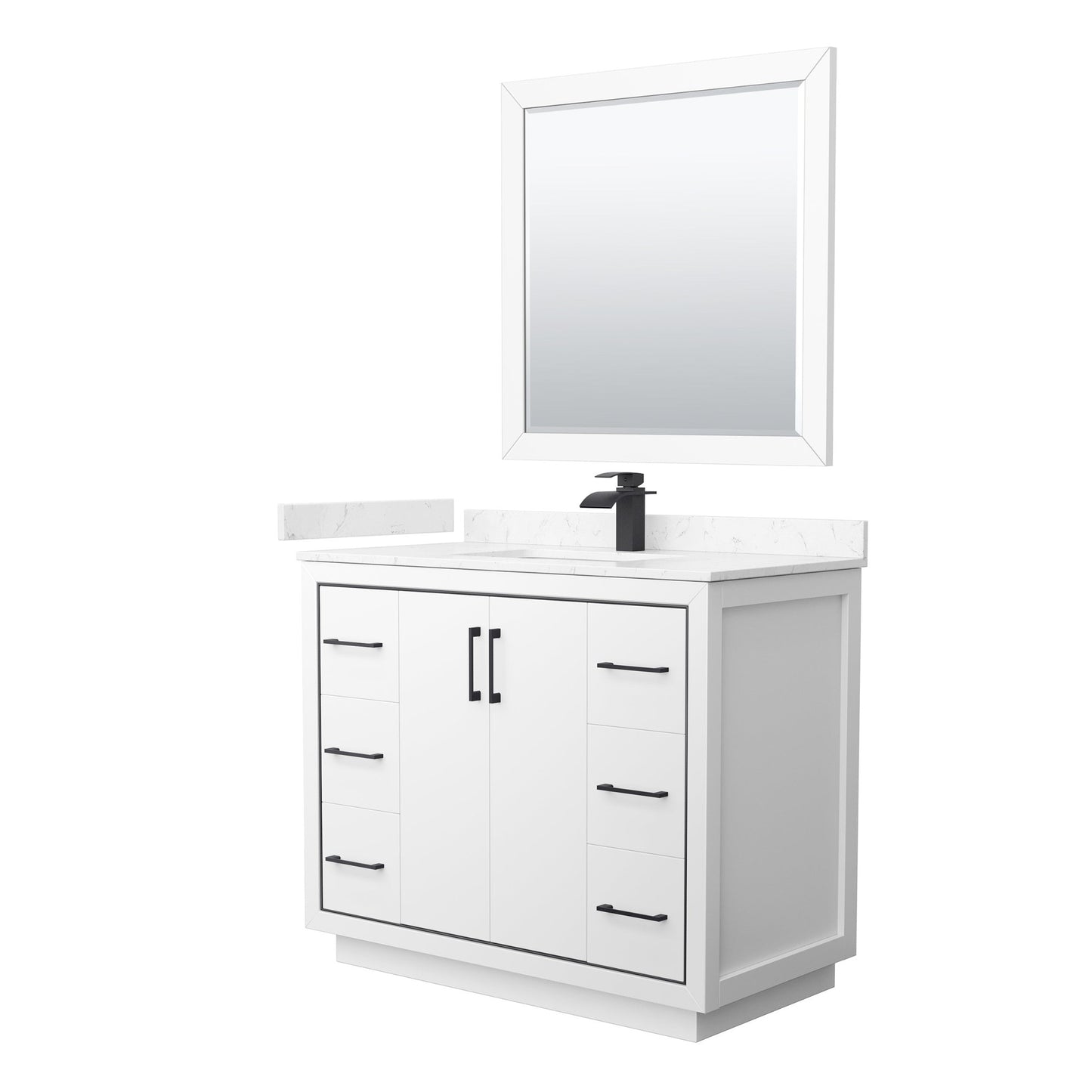 Wyndham Collection Icon 42" Single Bathroom Vanity in White, Carrara Cultured Marble Countertop, Undermount Square Sink, Matte Black Trim, 34" Mirror