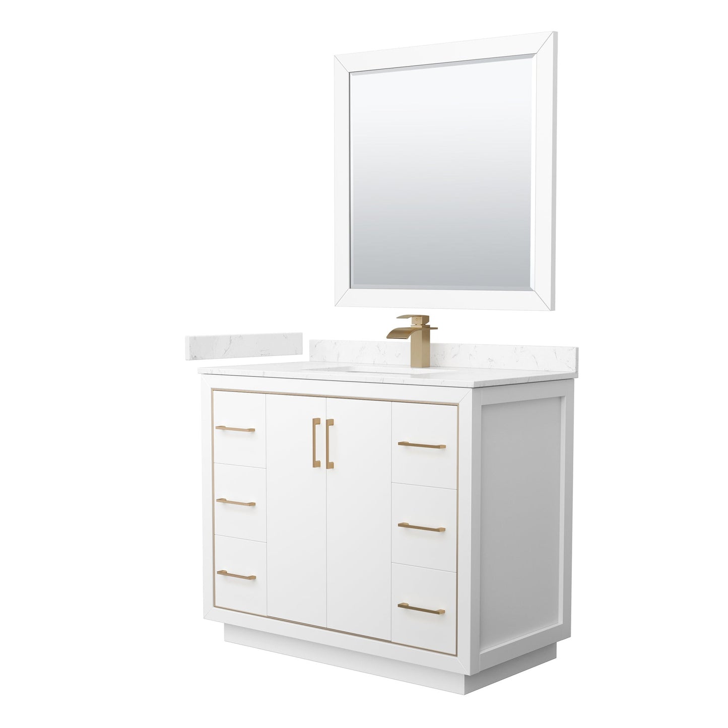 Wyndham Collection Icon 42" Single Bathroom Vanity in White, Carrara Cultured Marble Countertop, Undermount Square Sink, Satin Bronze Trim, 34" Mirror