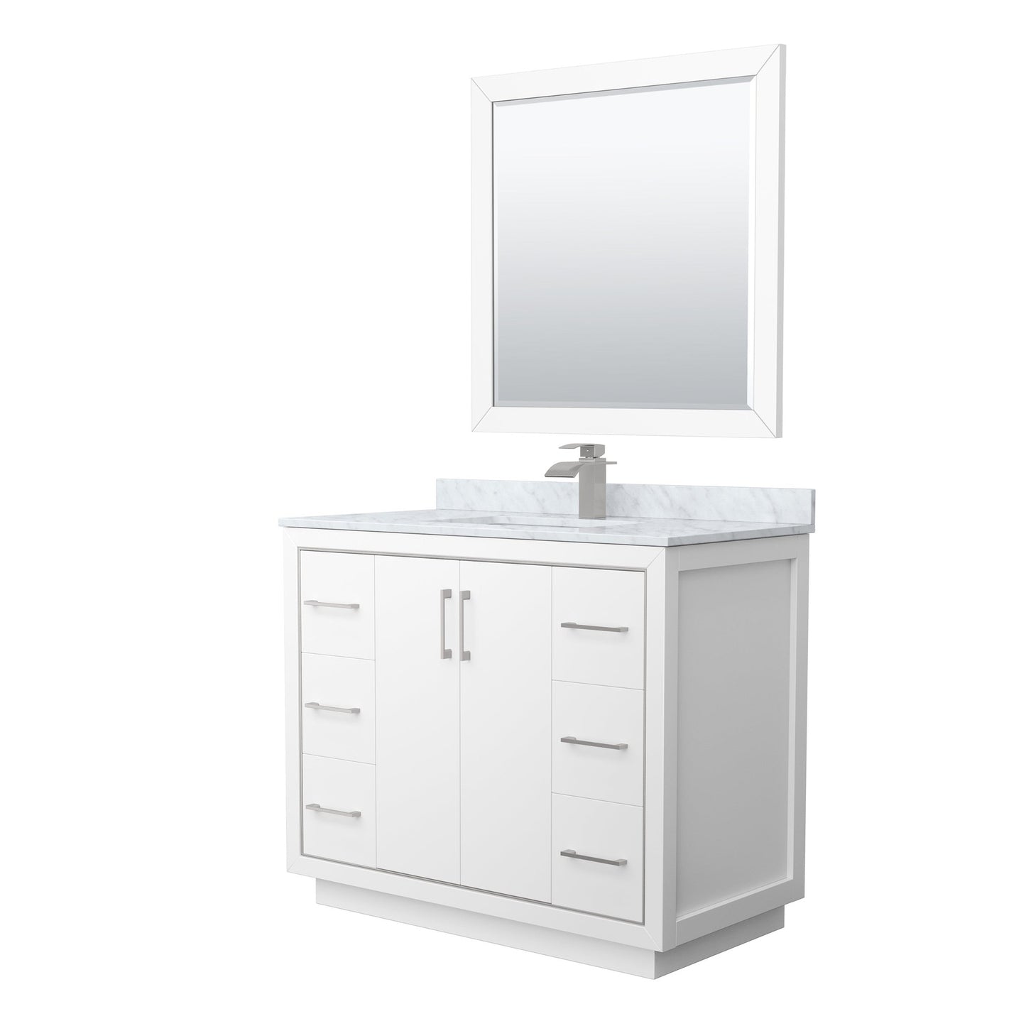 Wyndham Collection Icon 42" Single Bathroom Vanity in White, White Carrara Marble Countertop, Undermount Square Sink, Brushed Nickel Trim, 34" Mirror