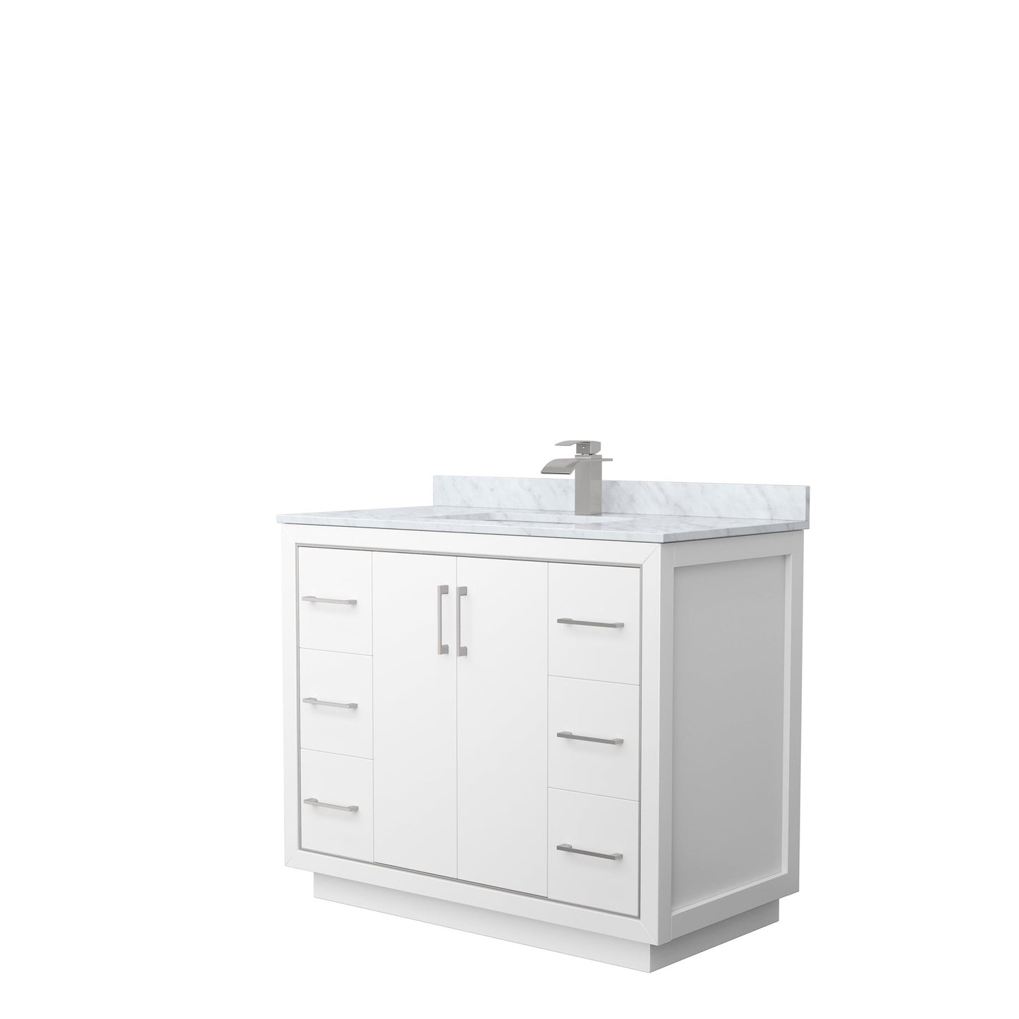 Wyndham Collection Icon 42" Single Bathroom Vanity in White, White Carrara Marble Countertop, Undermount Square Sink, Brushed Nickel Trim