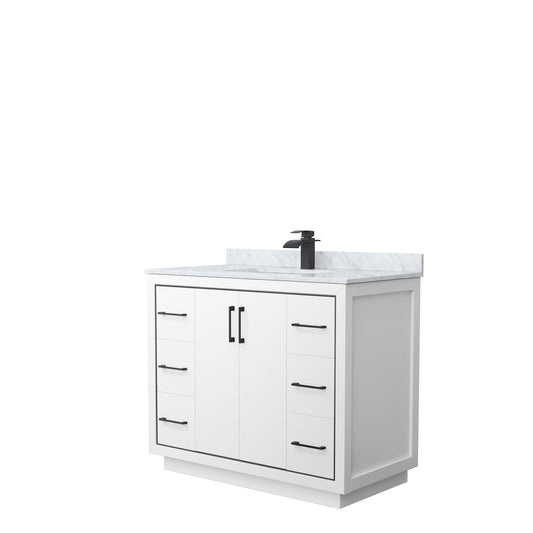 Wyndham Collection Icon 42" Single Bathroom Vanity in White, White Carrara Marble Countertop, Undermount Square Sink, Matte Black Trim