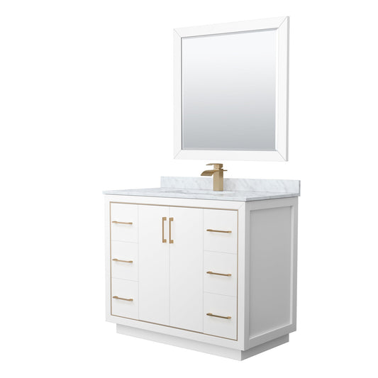 Wyndham Collection Icon 42" Single Bathroom Vanity in White, White Carrara Marble Countertop, Undermount Square Sink, Satin Bronze Trim, 34" Mirror