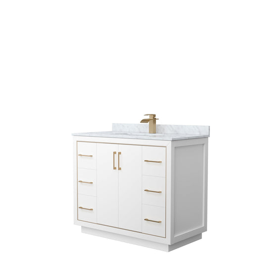 Wyndham Collection Icon 42" Single Bathroom Vanity in White, White Carrara Marble Countertop, Undermount Square Sink, Satin Bronze Trim