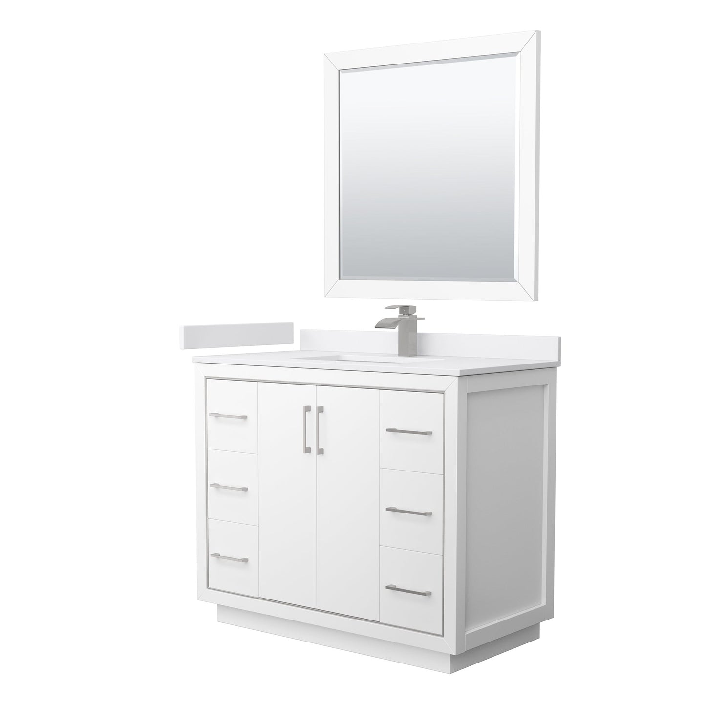 Wyndham Collection Icon 42" Single Bathroom Vanity in White, White Cultured Marble Countertop, Undermount Square Sink, Brushed Nickel Trim, 34" Mirror