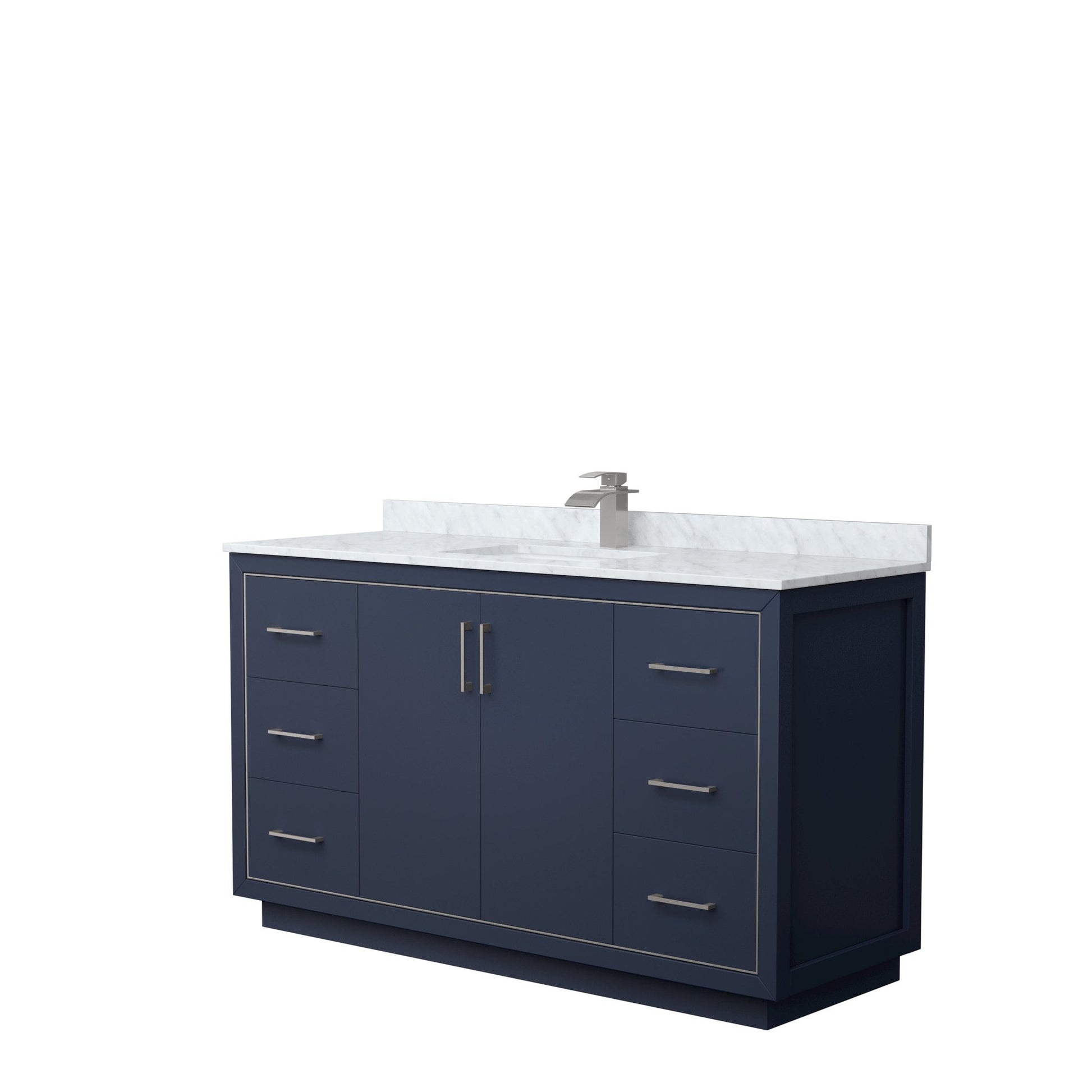 Wyndham Collection Icon 60" Single Bathroom Vanity in Dark Blue, White Carrara Marble Countertop, Undermount Square Sink, Brushed Nickel Trim