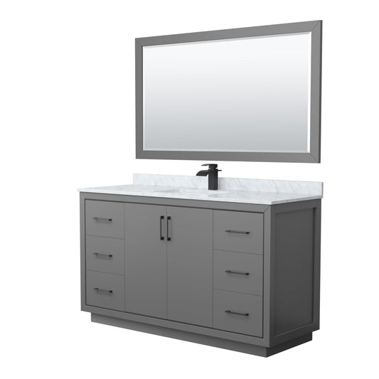 Wyndham Collection Icon 60" Single Bathroom Vanity in Dark Gray, White Carrara Marble Countertop, Undermount Square Sink, Matte Black Trim, 58" Mirror