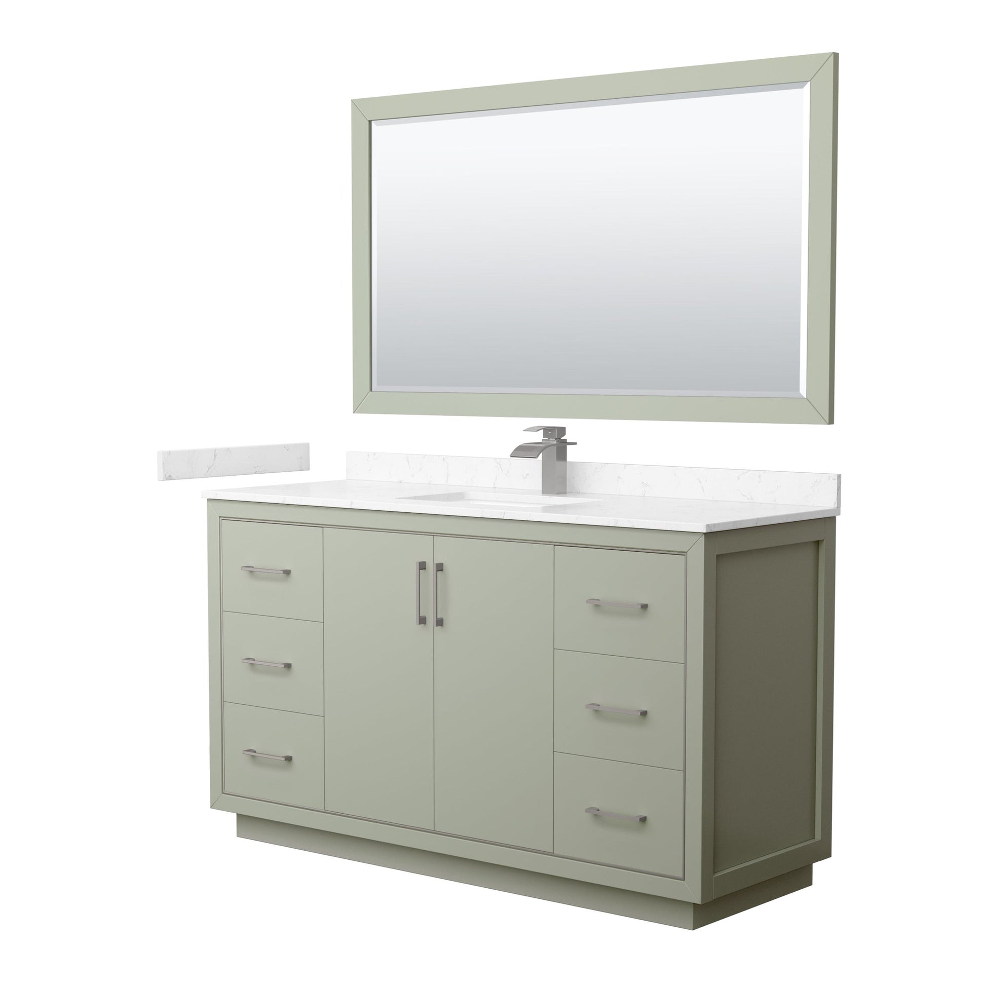 Wyndham Collection Icon 60" Single Bathroom Vanity in Light Green, Carrara Cultured Marble Countertop, Undermount Square Sink, Brushed Nickel Trim, 58" Mirror