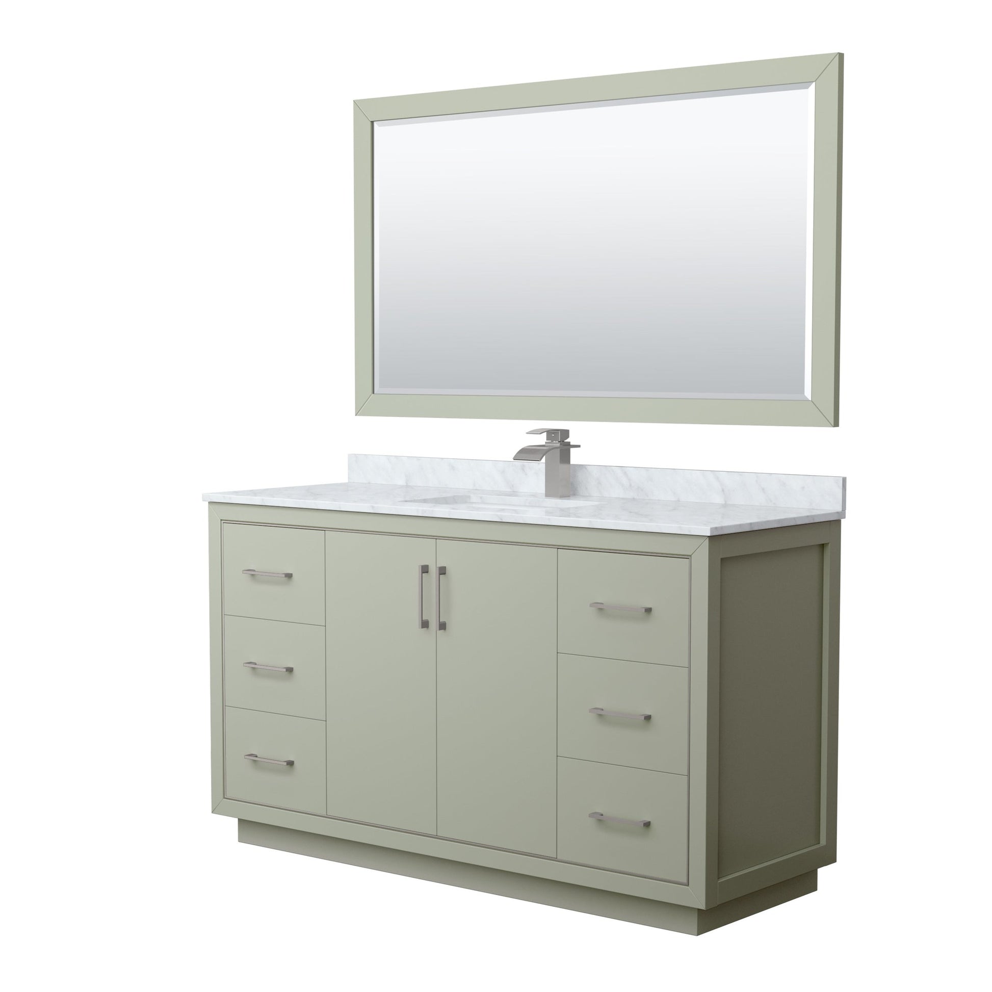 Wyndham Collection Icon 60" Single Bathroom Vanity in Light Green, White Carrara Marble Countertop, Undermount Square Sink, Brushed Nickel Trim, 58" Mirror