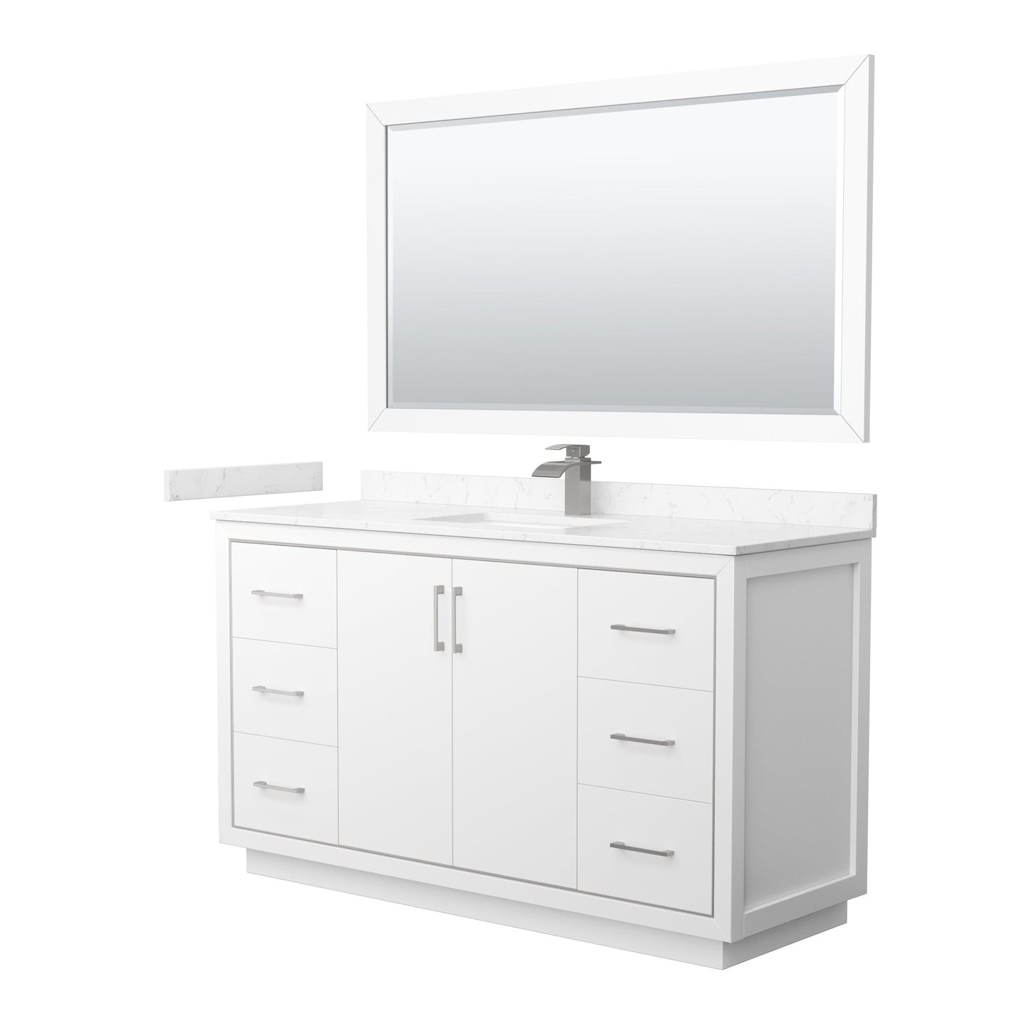Wyndham Collection Icon 60" Single Bathroom Vanity in White, Carrara Cultured Marble Countertop, Undermount Square Sink, Brushed Nickel Trim, 58" Mirror