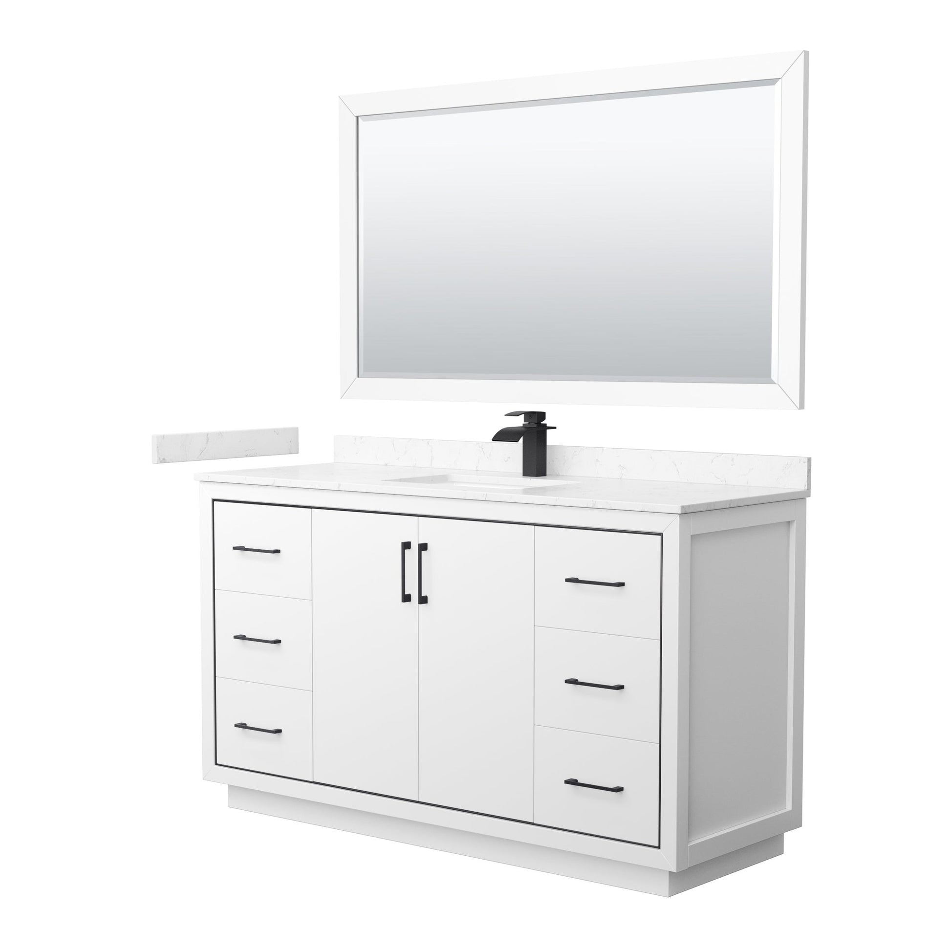 Wyndham Collection Icon 60" Single Bathroom Vanity in White, Carrara Cultured Marble Countertop, Undermount Square Sink, Matte Black Trim, 58" Mirror