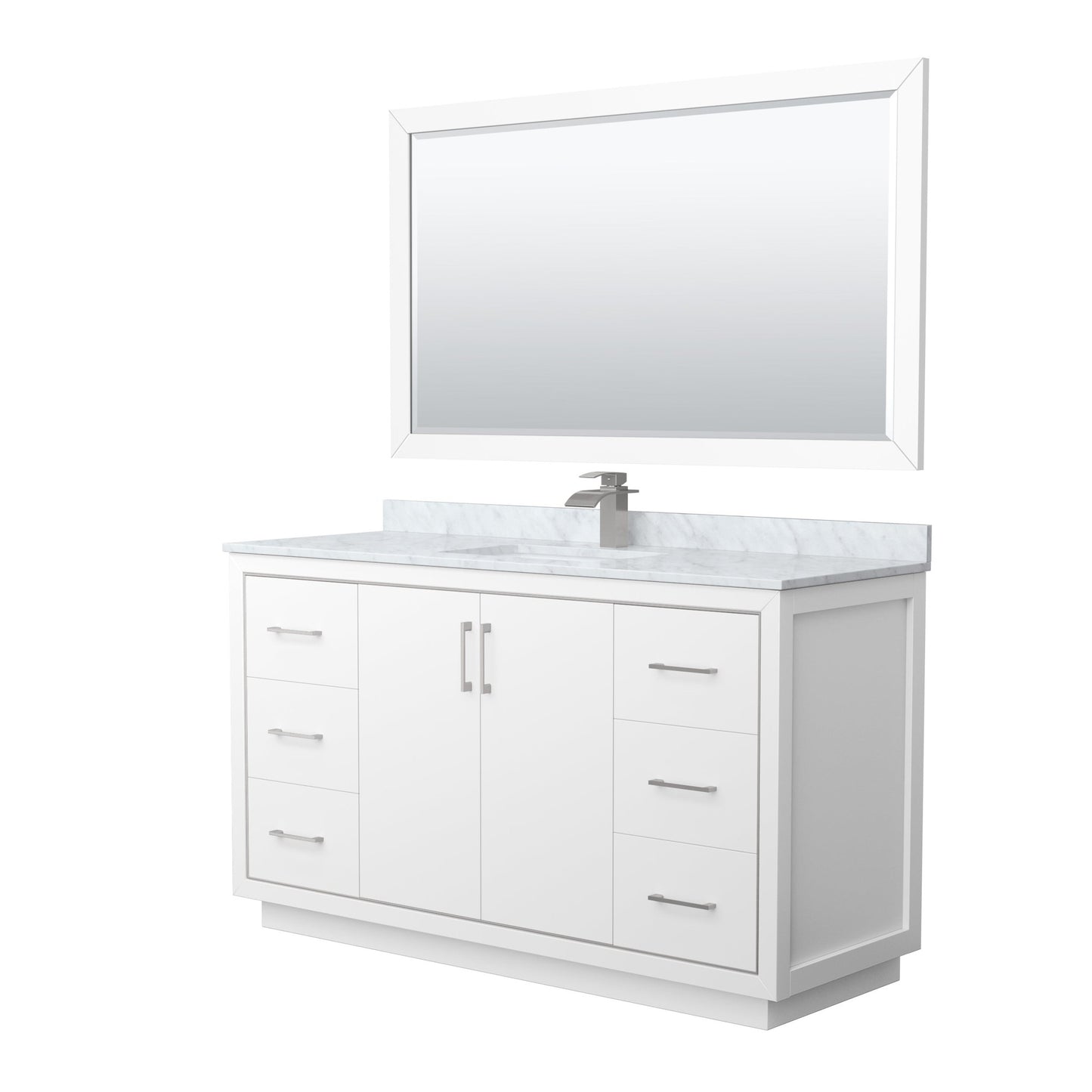 Wyndham Collection Icon 60" Single Bathroom Vanity in White, White Carrara Marble Countertop, Undermount Square Sink, Brushed Nickel Trim, 58" Mirror