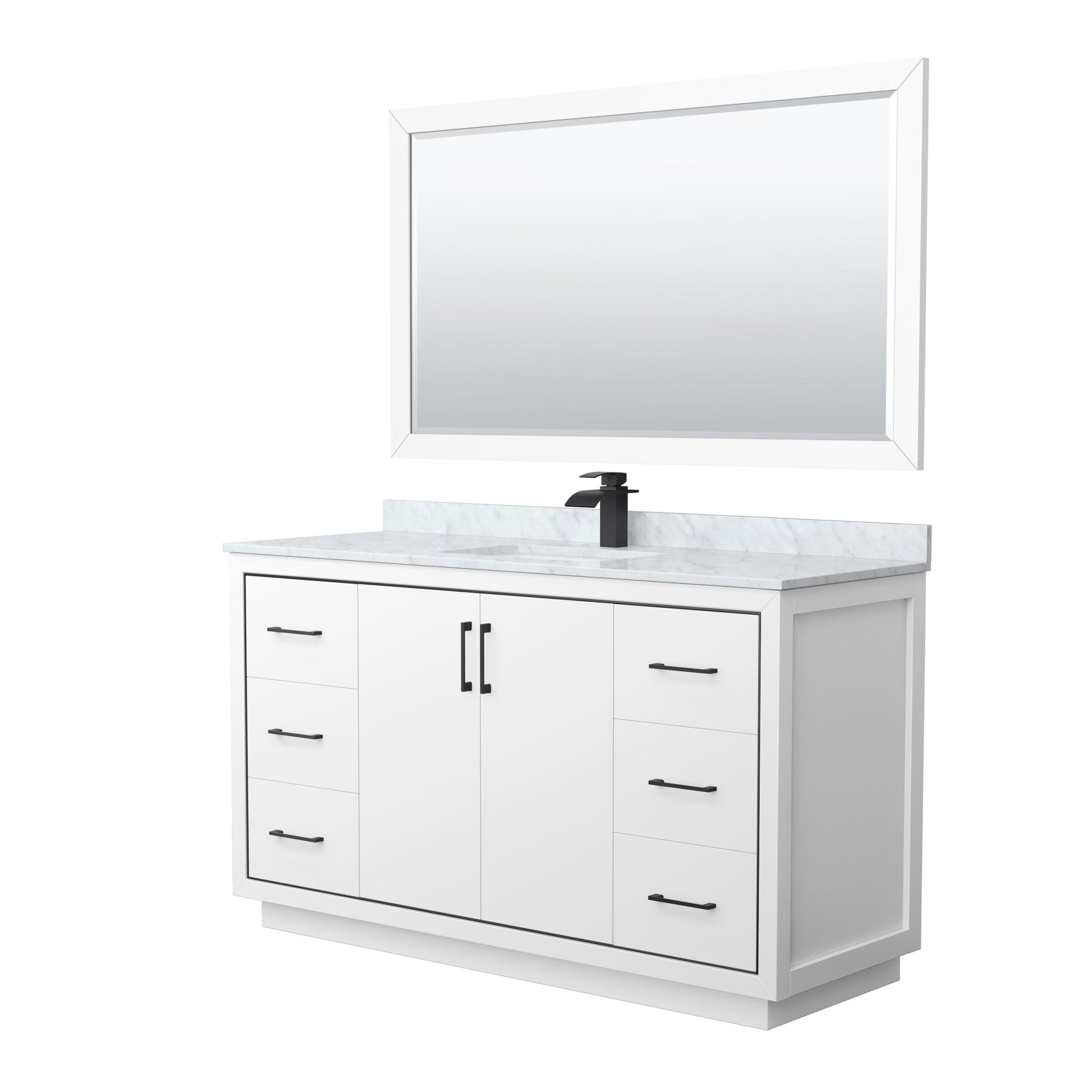 Wyndham Collection Icon 60" Single Bathroom Vanity in White, White Carrara Marble Countertop, Undermount Square Sink, Matte Black Trim, 58" Mirror