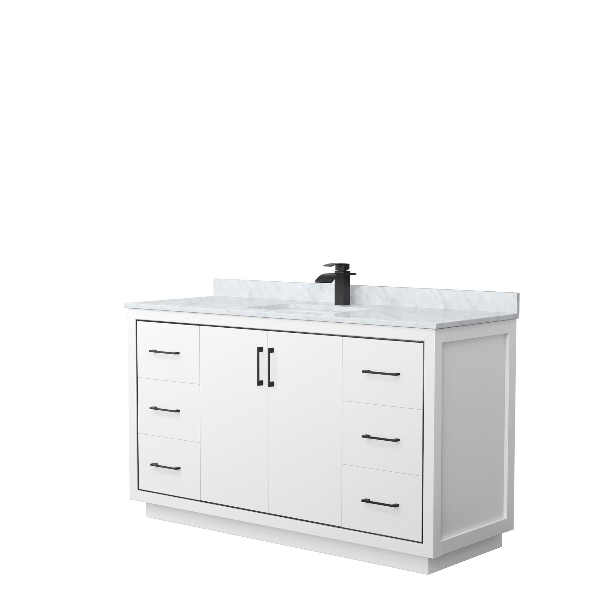 Wyndham Collection Icon 60" Single Bathroom Vanity in White, White Carrara Marble Countertop, Undermount Square Sink, Matte Black Trim