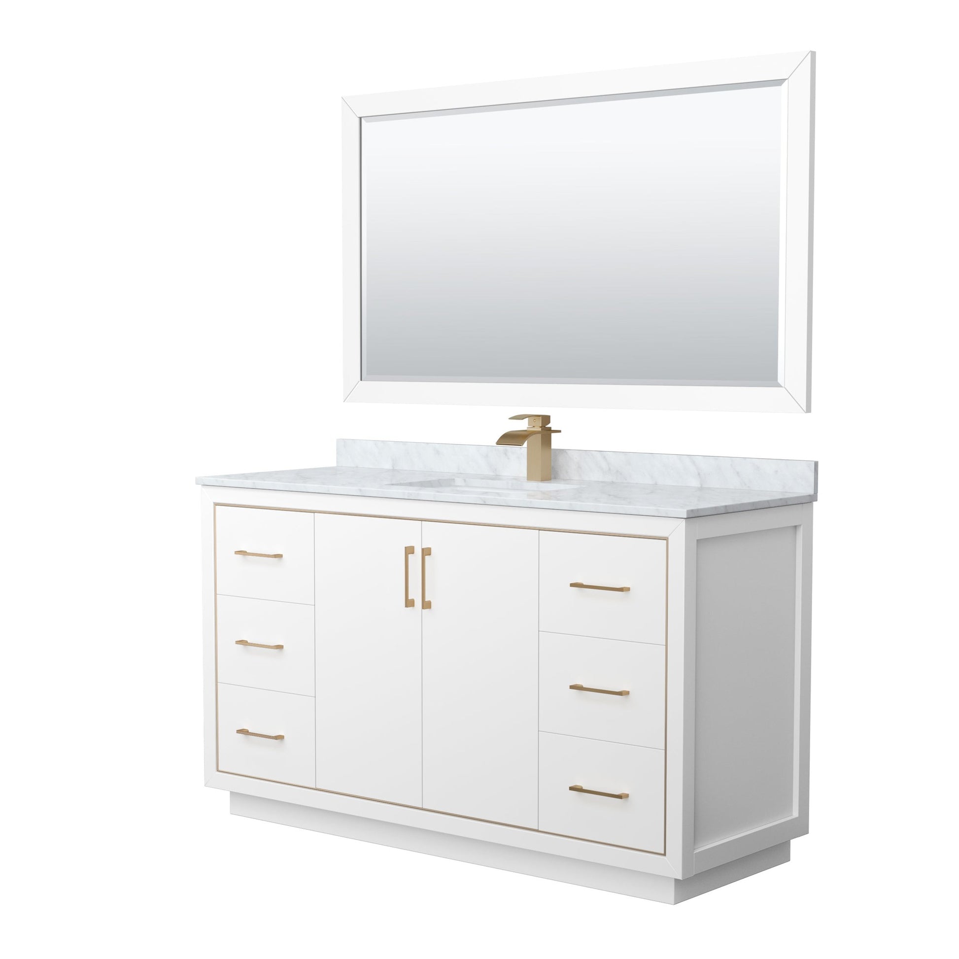 Wyndham Collection Icon 60" Single Bathroom Vanity in White, White Carrara Marble Countertop, Undermount Square Sink, Satin Bronze Trim, 58" Mirror