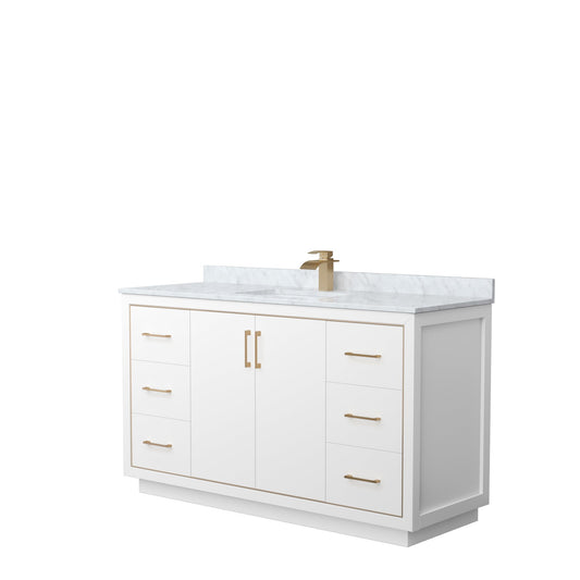 Wyndham Collection Icon 60" Single Bathroom Vanity in White, White Carrara Marble Countertop, Undermount Square Sink, Satin Bronze Trim