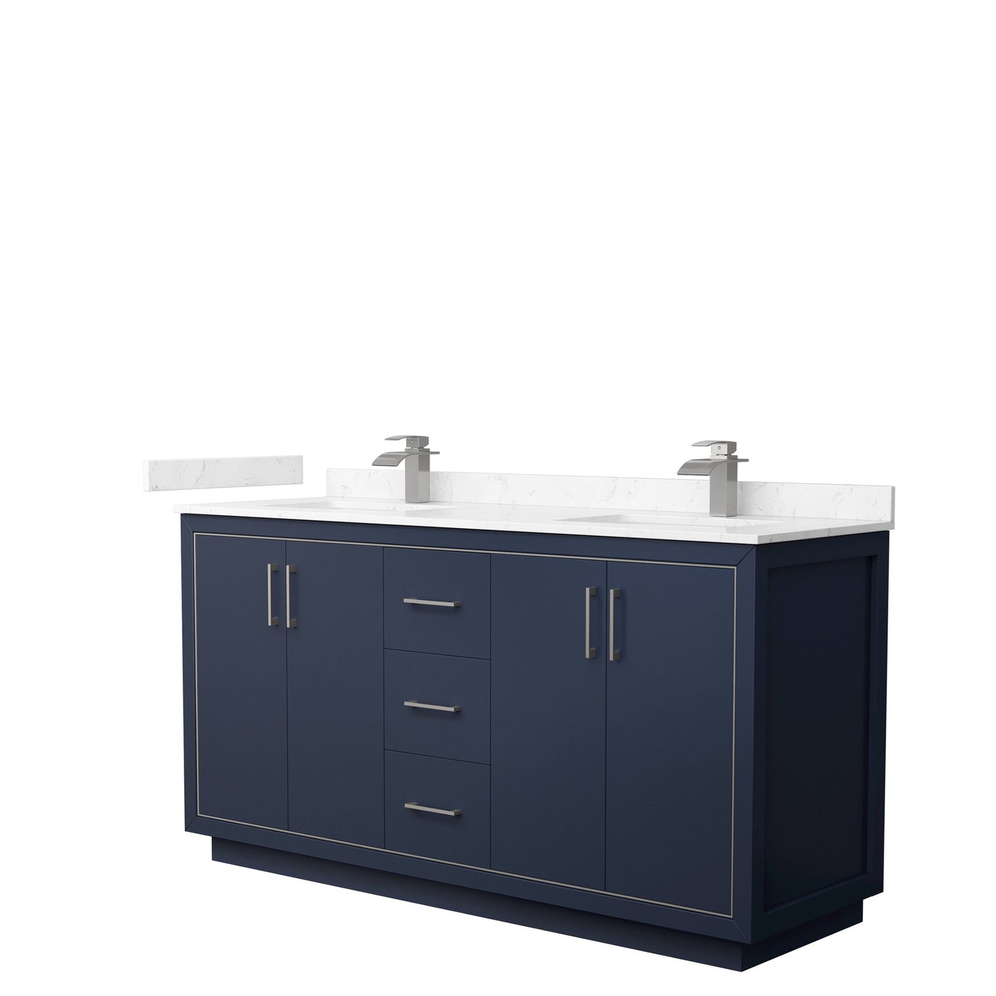 Wyndham Collection Icon 66" Double Bathroom Vanity in Dark Blue, Carrara Cultured Marble Countertop, Undermount Square Sinks, Brushed Nickel Trim