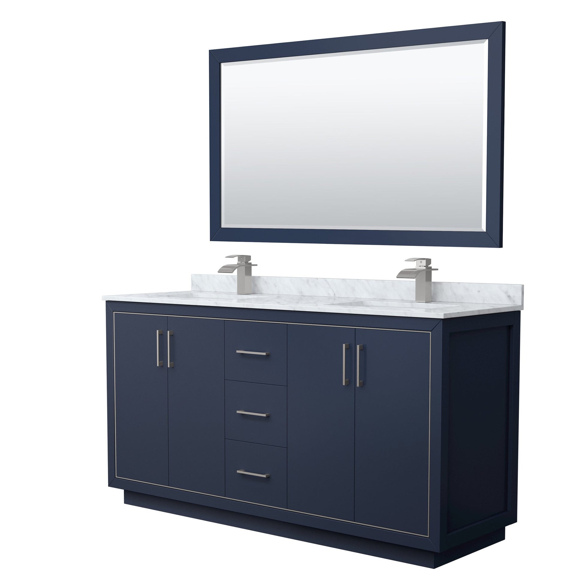 Wyndham Collection Icon 66" Double Bathroom Vanity in Dark Blue, White Carrara Marble Countertop, Undermount Square Sinks, Brushed Nickel Trim, 58" Mirror