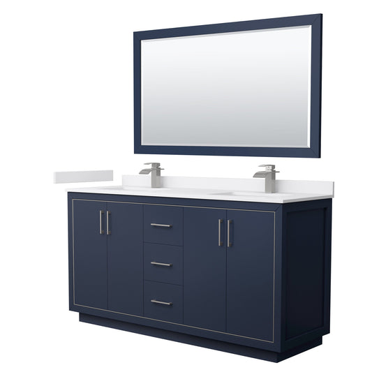Wyndham Collection Icon 66" Double Bathroom Vanity in Dark Blue, White Cultured Marble Countertop, Undermount Square Sinks, Brushed Nickel Trim, 58" Mirror