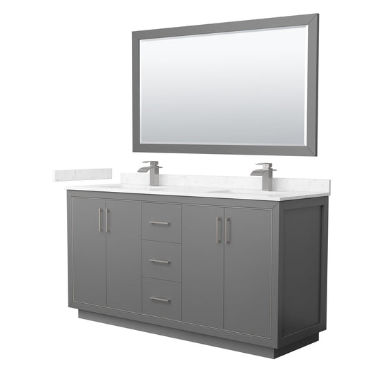 Wyndham Collection Icon 66" Double Bathroom Vanity in Dark Gray, Carrara Cultured Marble Countertop, Undermount Square Sinks, Brushed Nickel Trim, 58" Mirror