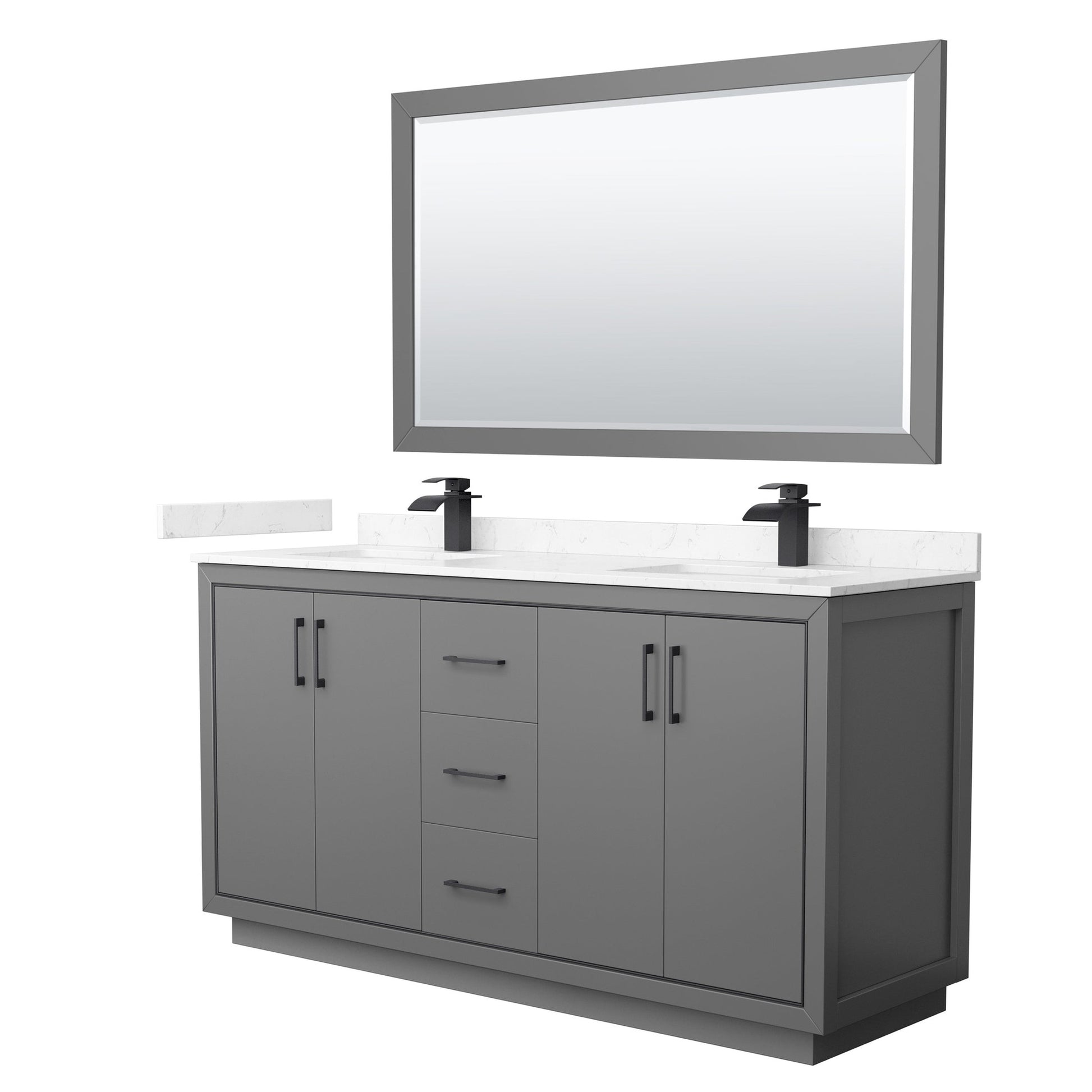 Wyndham Collection Icon 66" Double Bathroom Vanity in Dark Gray, Carrara Cultured Marble Countertop, Undermount Square Sinks, Matte Black Trim, 58" Mirror