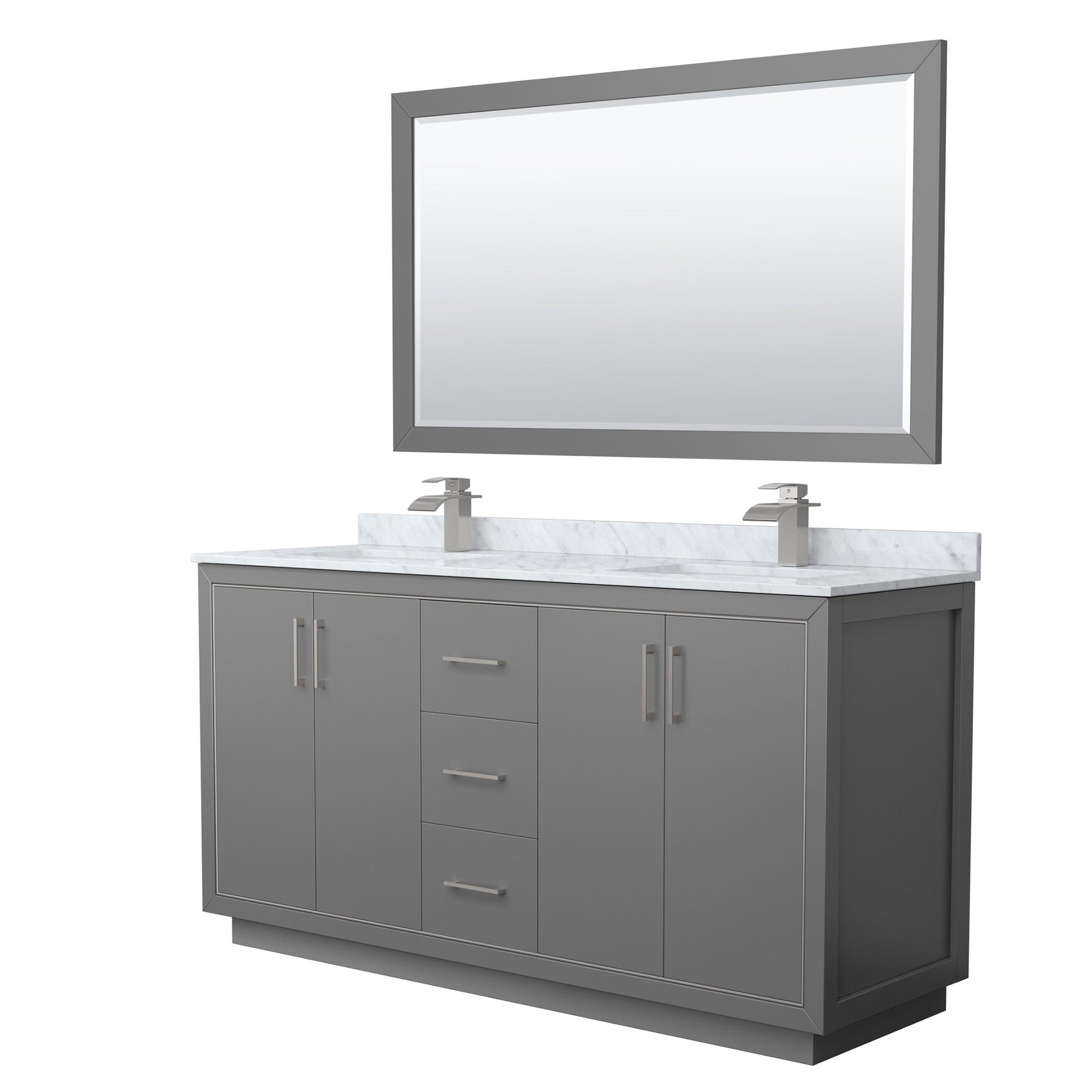 Wyndham Collection Icon 66" Double Bathroom Vanity in Dark Gray, White Carrara Marble Countertop, Undermount Square Sinks, Brushed Nickel Trim, 58" Mirror