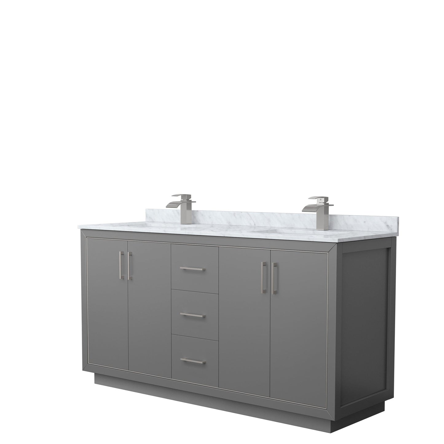 Wyndham Collection Icon 66" Double Bathroom Vanity in Dark Gray, White Carrara Marble Countertop, Undermount Square Sinks, Brushed Nickel Trim