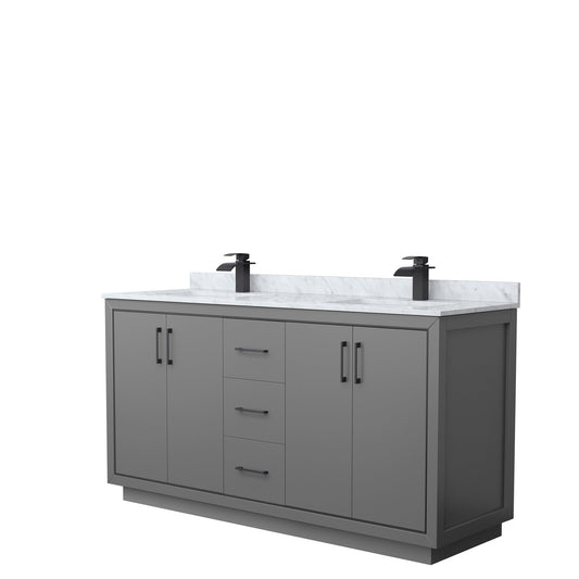 Wyndham Collection Icon 66" Double Bathroom Vanity in Dark Gray, White Carrara Marble Countertop, Undermount Square Sinks, Matte Black Trim