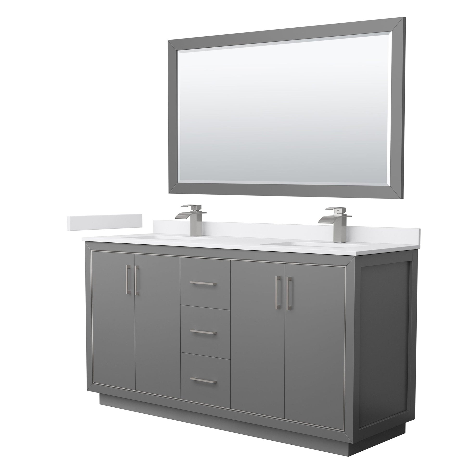 Wyndham Collection Icon 66" Double Bathroom Vanity in Dark Gray, White Cultured Marble Countertop, Undermount Square Sinks, Brushed Nickel Trim, 58" Mirror
