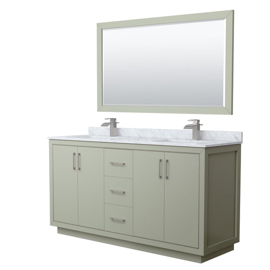 Wyndham Collection Icon 66" Double Bathroom Vanity in Light Green, White Carrara Marble Countertop, Undermount Square Sinks, Brushed Nickel Trim, 58" Mirror