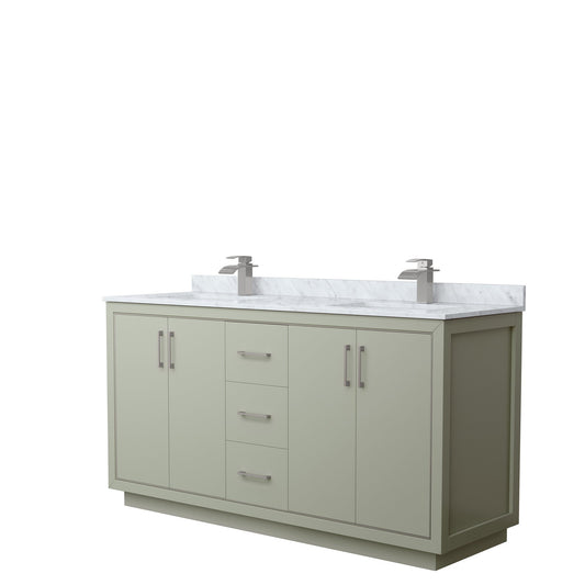 Wyndham Collection Icon 66" Double Bathroom Vanity in Light Green, White Carrara Marble Countertop, Undermount Square Sinks, Brushed Nickel Trim