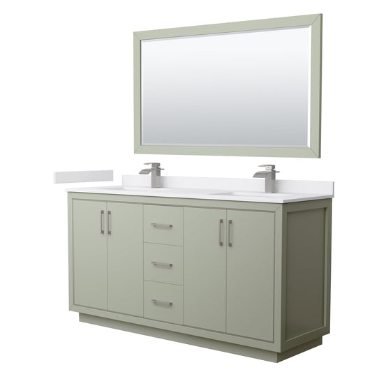 Wyndham Collection Icon 66" Double Bathroom Vanity in Light Green, White Cultured Marble Countertop, Undermount Square Sinks, Brushed Nickel Trim, 58" Mirror