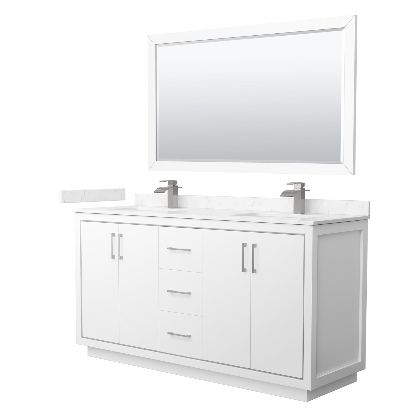 Wyndham Collection Icon 66" Double Bathroom Vanity in White, Carrara Cultured Marble Countertop, Undermount Square Sinks, Brushed Nickel Trim, 58" Mirror