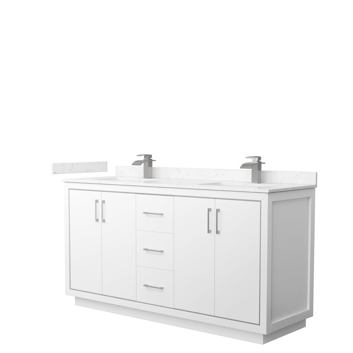 Wyndham Collection Icon 66" Double Bathroom Vanity in White, Carrara Cultured Marble Countertop, Undermount Square Sinks, Brushed Nickel Trim