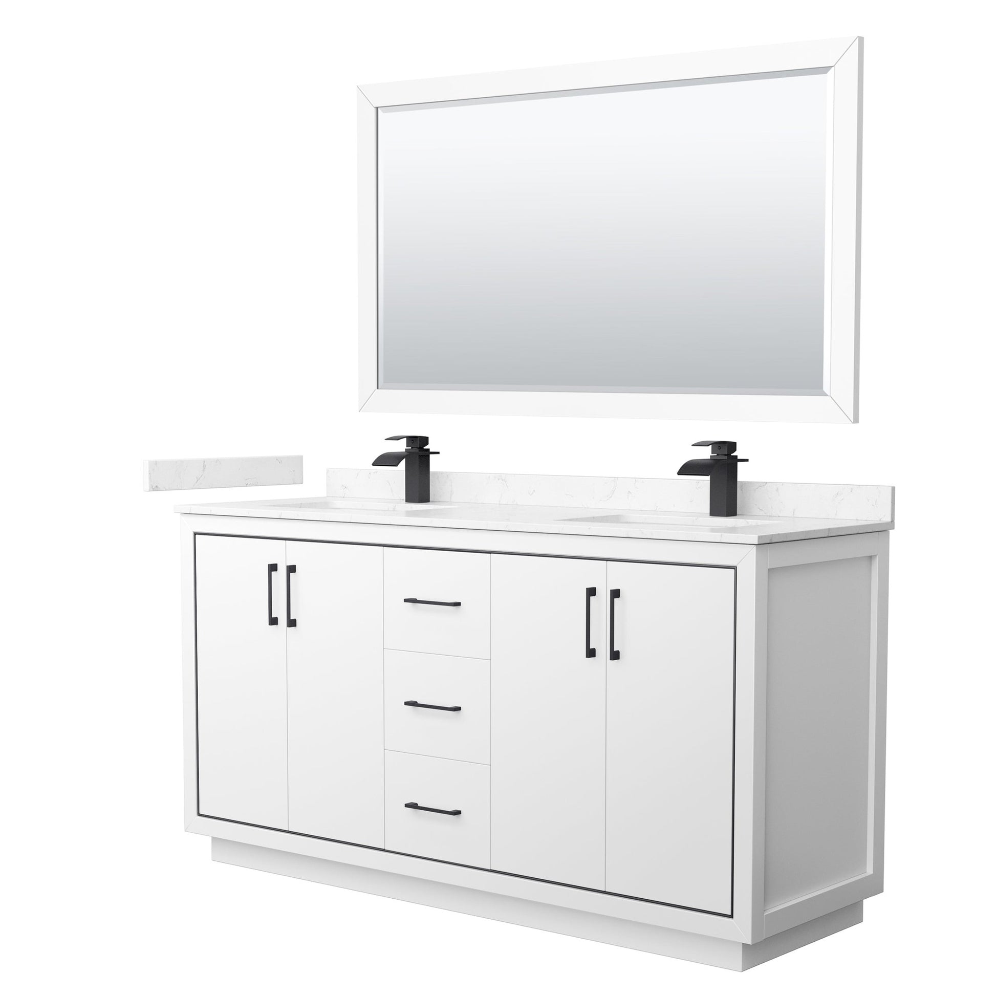 Wyndham Collection Icon 66" Double Bathroom Vanity in White, Carrara Cultured Marble Countertop, Undermount Square Sinks, Matte Black Trim, 58" Mirror