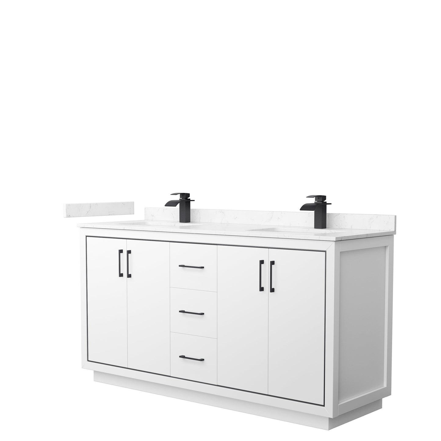 Wyndham Collection Icon 66" Double Bathroom Vanity in White, Carrara Cultured Marble Countertop, Undermount Square Sinks, Matte Black Trim