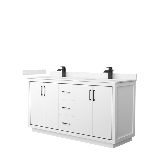 Wyndham Collection Icon 66" Double Bathroom Vanity in White, Carrara Cultured Marble Countertop, Undermount Square Sinks, Matte Black Trim
