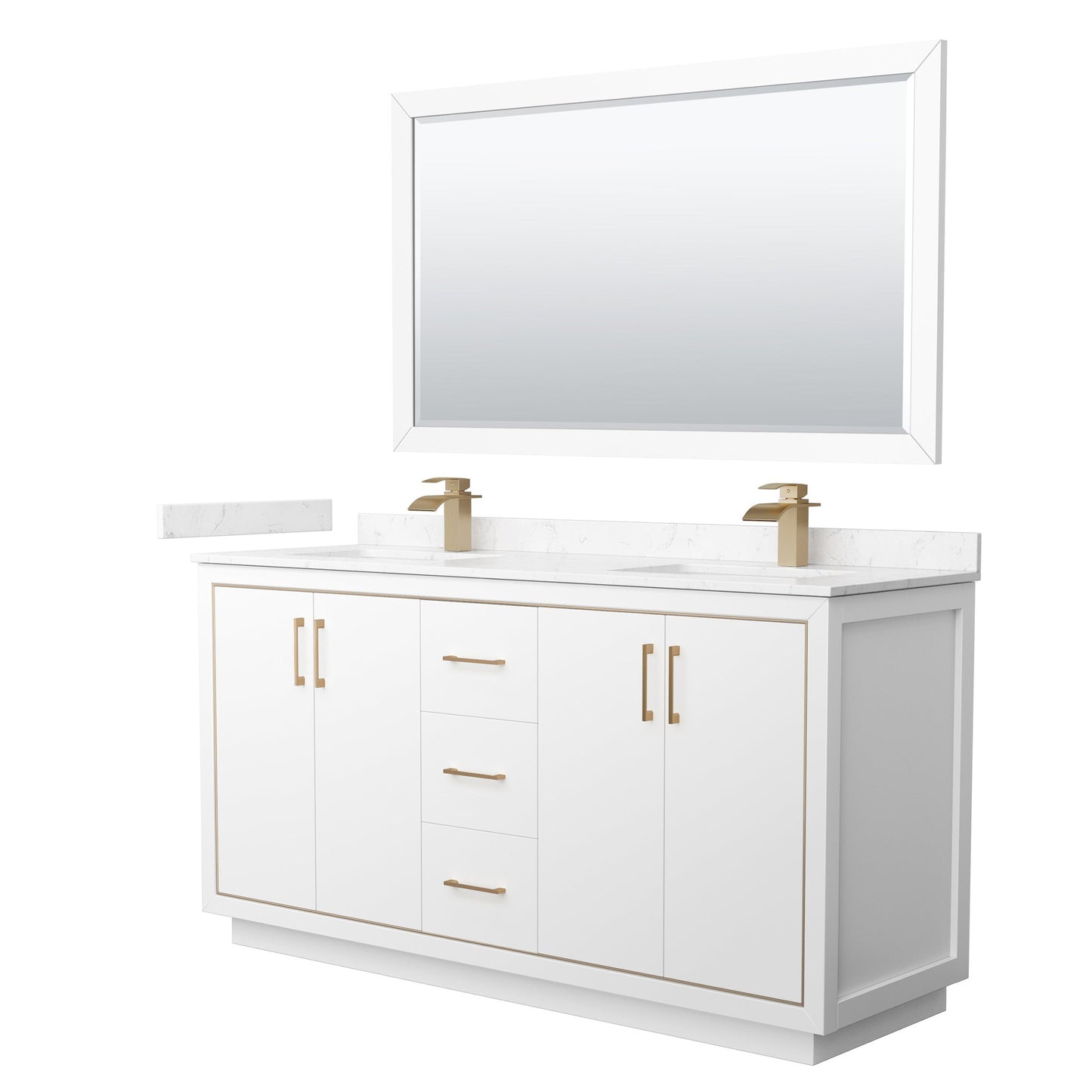 Wyndham Collection Icon 66" Double Bathroom Vanity in White, Carrara Cultured Marble Countertop, Undermount Square Sinks, Satin Bronze Trim, 58" Mirror