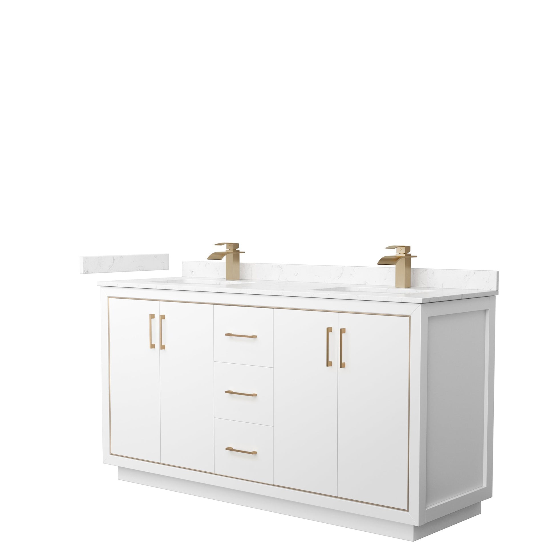 Wyndham Collection Icon 66" Double Bathroom Vanity in White, Carrara Cultured Marble Countertop, Undermount Square Sinks, Satin Bronze Trim
