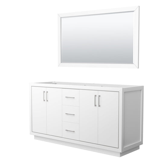 Wyndham Collection Icon 66" Double Bathroom Vanity in White, No Countertop, No Sink, Brushed Nickel Trim, 58" Mirror