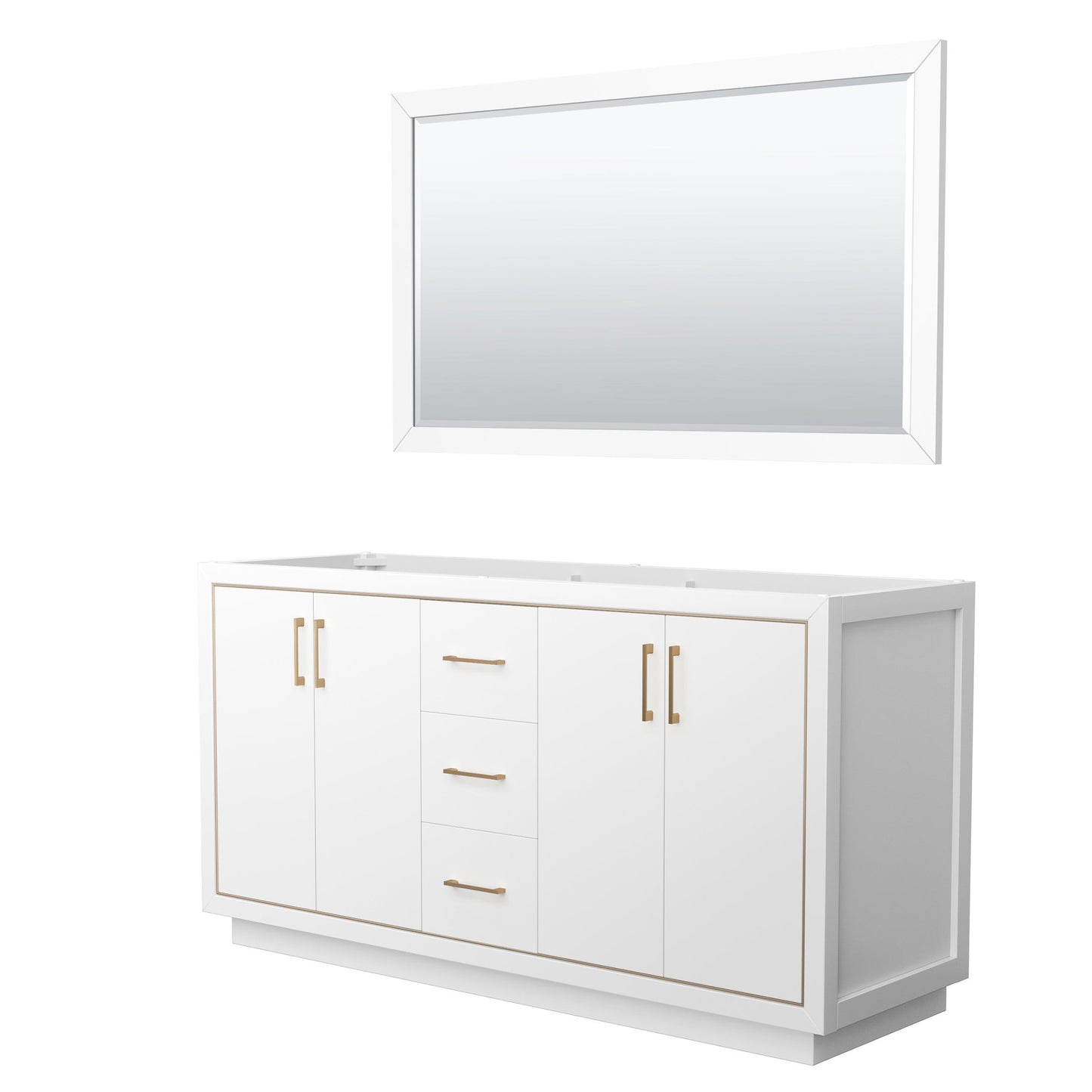 Wyndham Collection Icon 66" Double Bathroom Vanity in White, No Countertop, No Sink, Satin Bronze Trim, 58" Mirror
