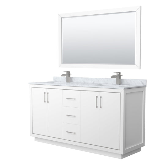 Wyndham Collection Icon 66" Double Bathroom Vanity in White, White Carrara Marble Countertop, Undermount Square Sinks, Brushed Nickel Trim, 58" Mirror