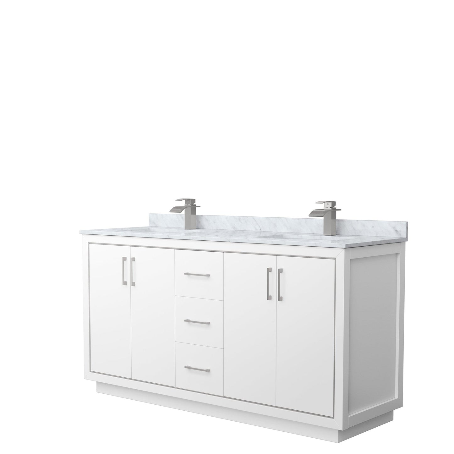 Wyndham Collection Icon 66" Double Bathroom Vanity in White, White Carrara Marble Countertop, Undermount Square Sinks, Brushed Nickel Trim