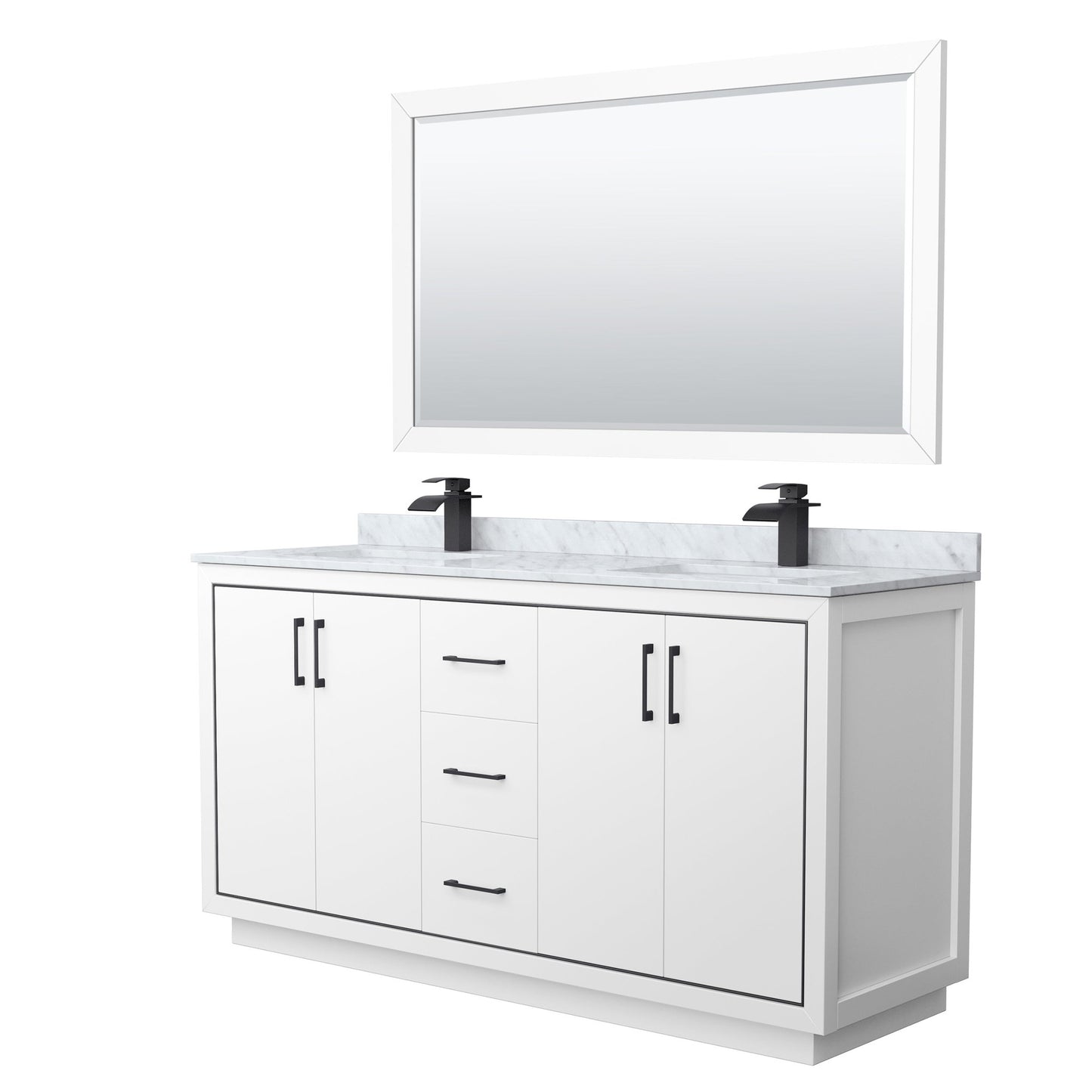 Wyndham Collection Icon 66" Double Bathroom Vanity in White, White Carrara Marble Countertop, Undermount Square Sinks, Matte Black Trim, 58" Mirror