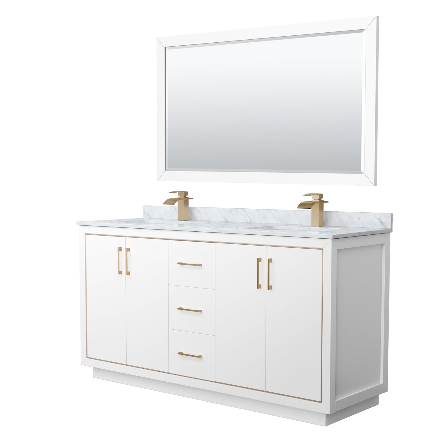 Wyndham Collection Icon 66" Double Bathroom Vanity in White, White Carrara Marble Countertop, Undermount Square Sinks, Satin Bronze Trim, 58" Mirror