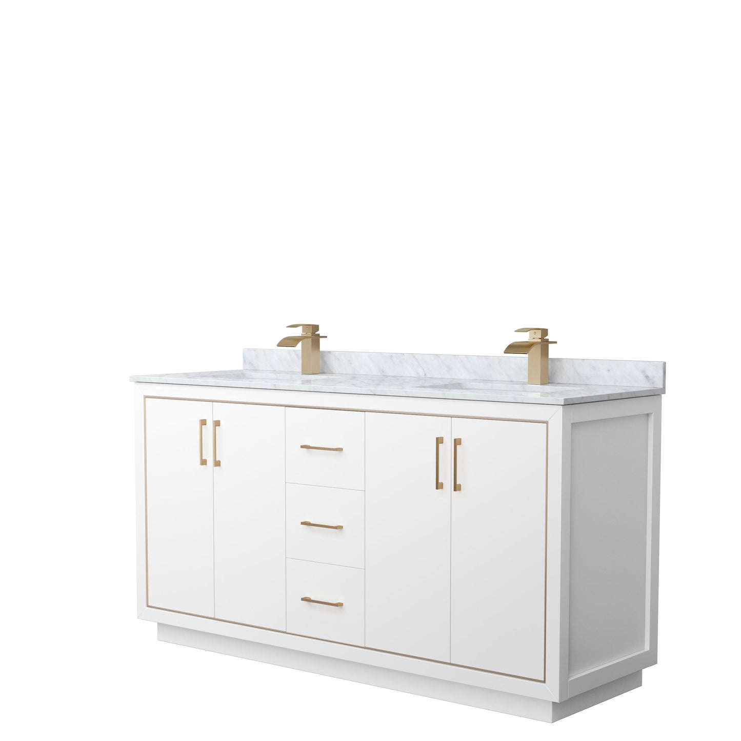 Wyndham Collection Icon 66" Double Bathroom Vanity in White, White Carrara Marble Countertop, Undermount Square Sinks, Satin Bronze Trim