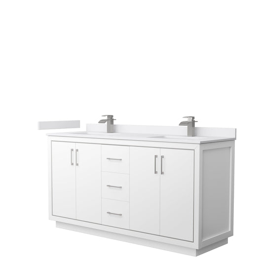 Wyndham Collection Icon 66" Double Bathroom Vanity in White, White Cultured Marble Countertop, Undermount Square Sinks, Brushed Nickel Trim